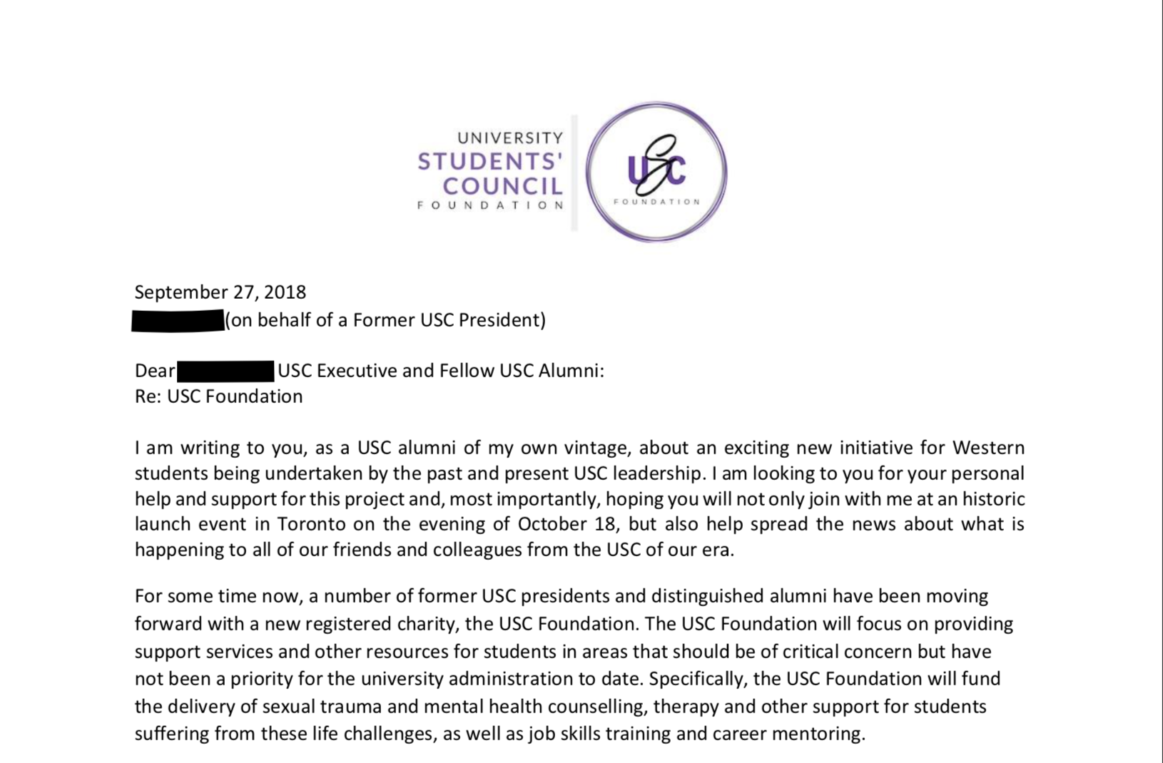 USC Foundation letter excerpt